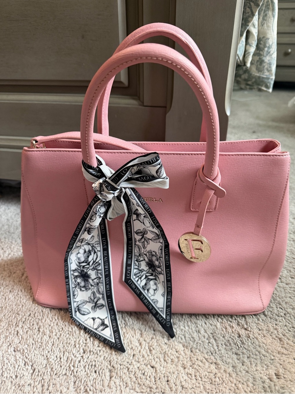Furla Pink Saffiano Tote with Scarf and Gold Charm